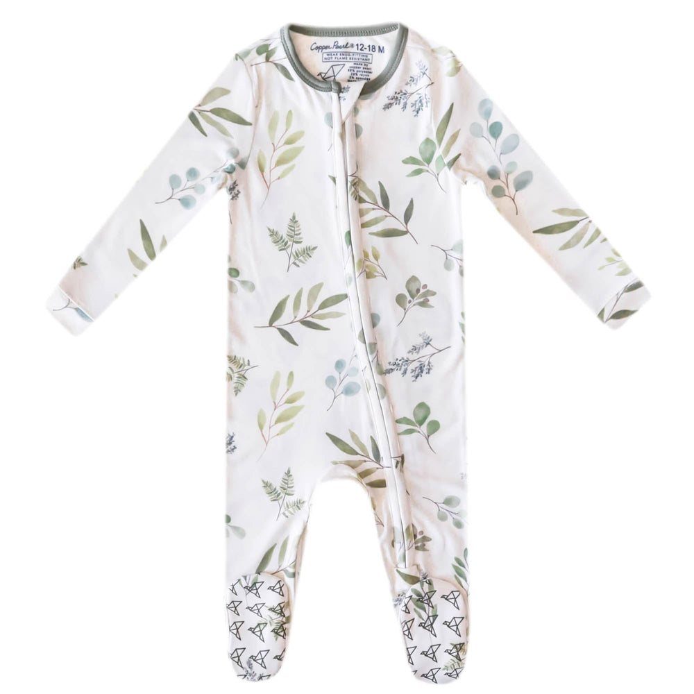 Copper Pearl Haven zip-up footie pajamas in ultra-soft knit fabric for cozy sleeps.