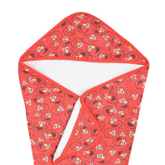 Copper Pearl hooded bath towel with Elmo hood keeps baby warm after bath