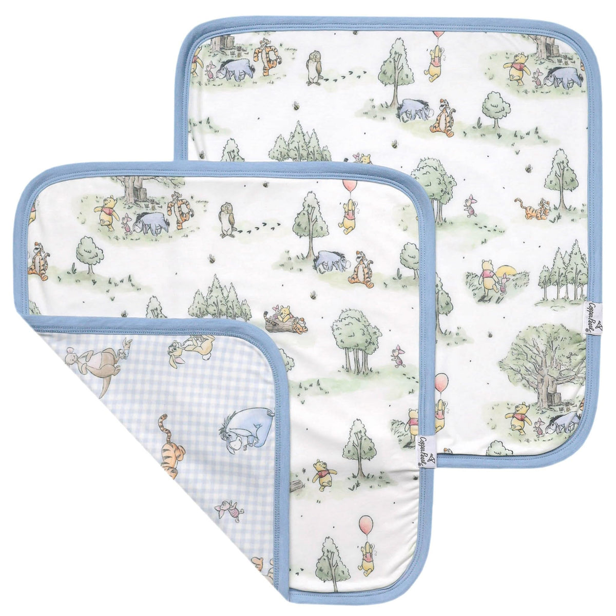 Copper Pearl Hundred Acre Wood print on a 16x16 knit security blanket for on-the-go comfort.