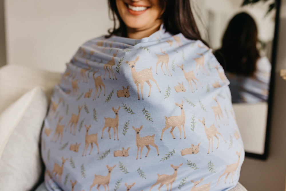 Copper Pearl infinity scarf cover doubles as a stylish parent accessory