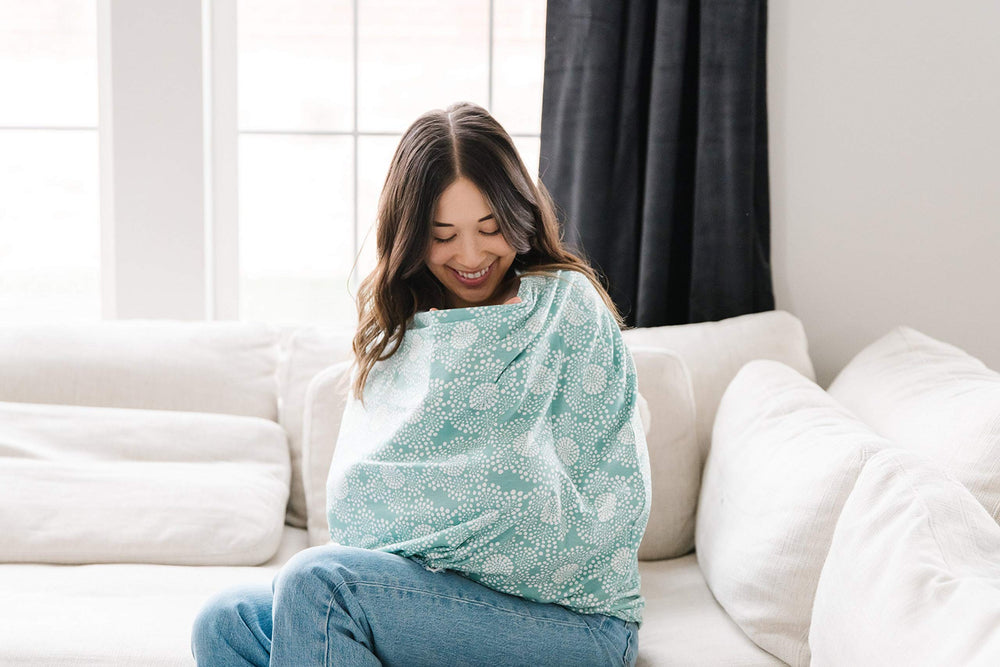 Infinity scarf look with Copper Pearl Jane multi-use cover for stylish carrying.