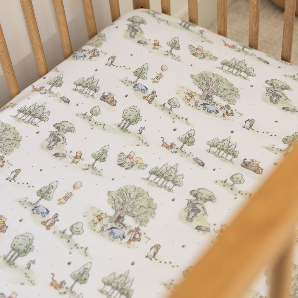 Copper Pearl knit crib sheet with soft texture highlights easy care and gentle touch for baby sleep