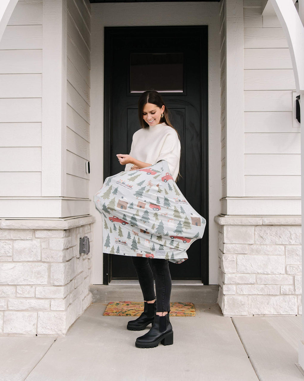Copper Pearl Kringle infinity scarf navy in fashion mode with baby friendly utility