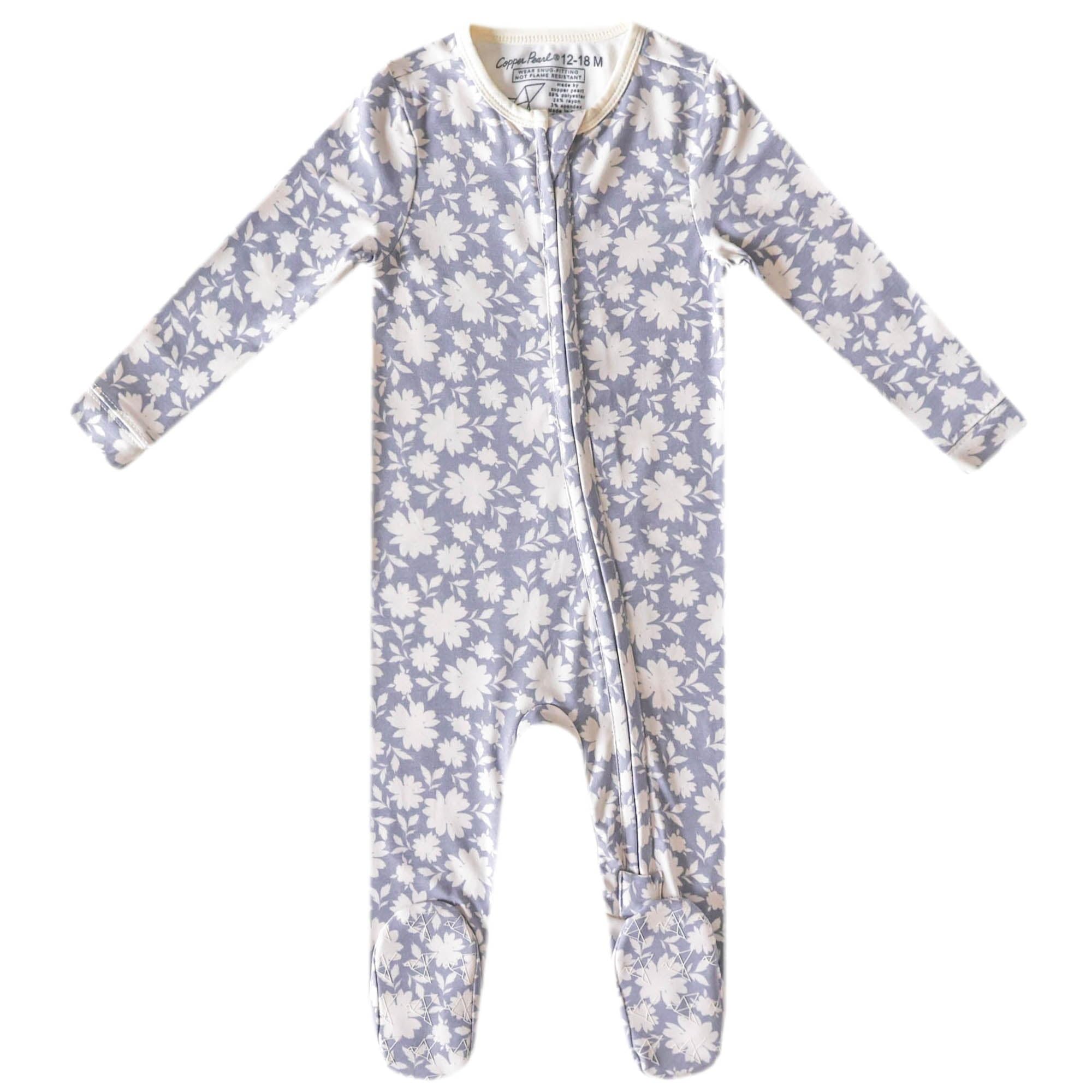 Copper Pearl Lacie zip-up footie pajamas on baby, cozy and easy to wear