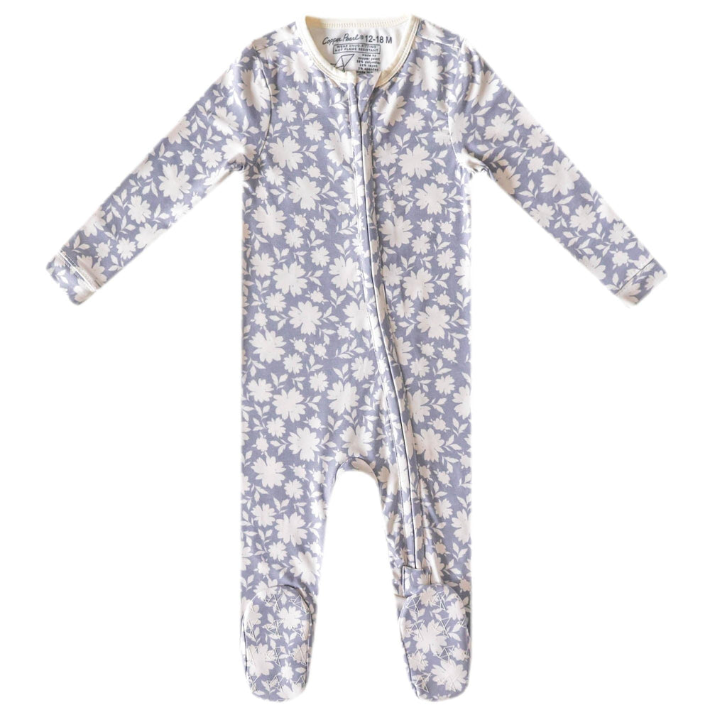 Copper Pearl Lacie zip-up footie pajamas on baby, cozy and easy to wear