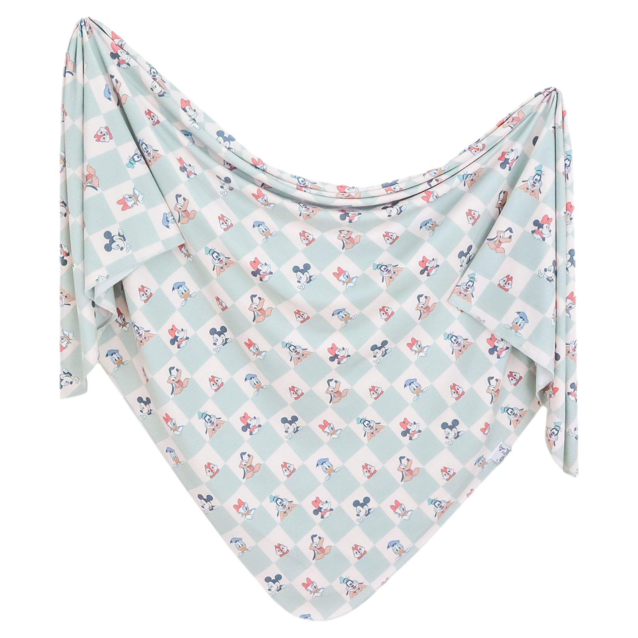 Copper Pearl swaddle blanket Mickey Mouse and Friends close-up, soft fabric for cozy swaddling.