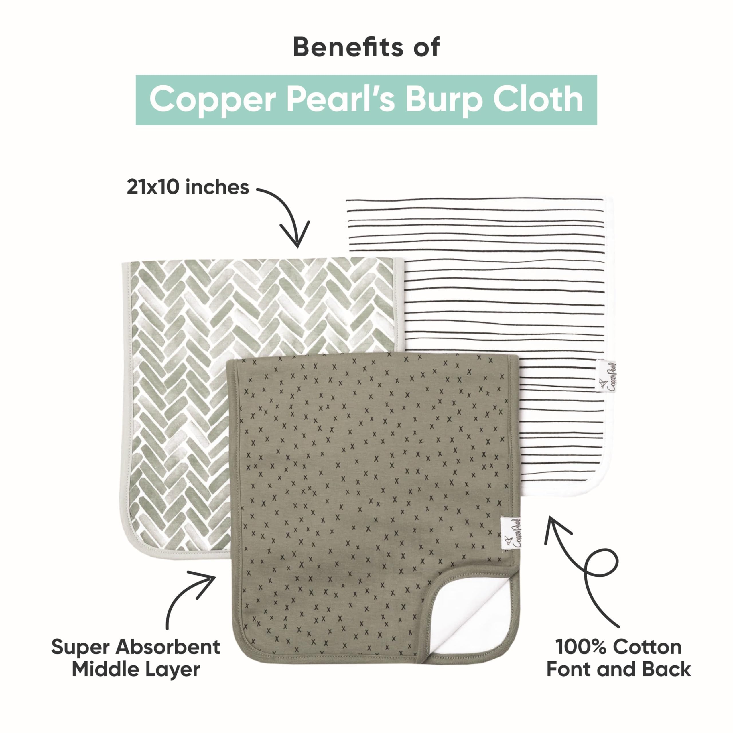 Copper Pearl Leilani burp cloths three-layer construction catches drool efficiently.