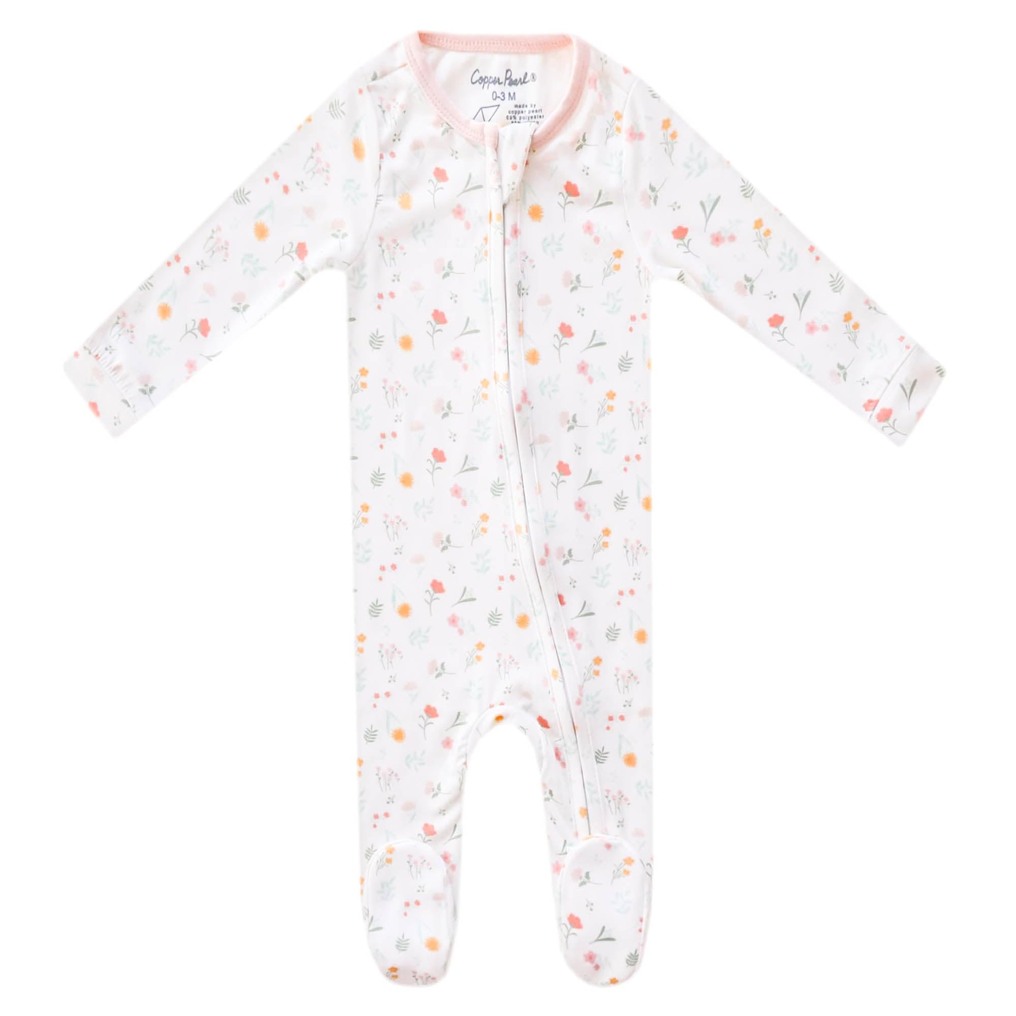 Copper Pearl Mabel zip-up footie pajamas knit fabric close-up shows ultra-soft feel