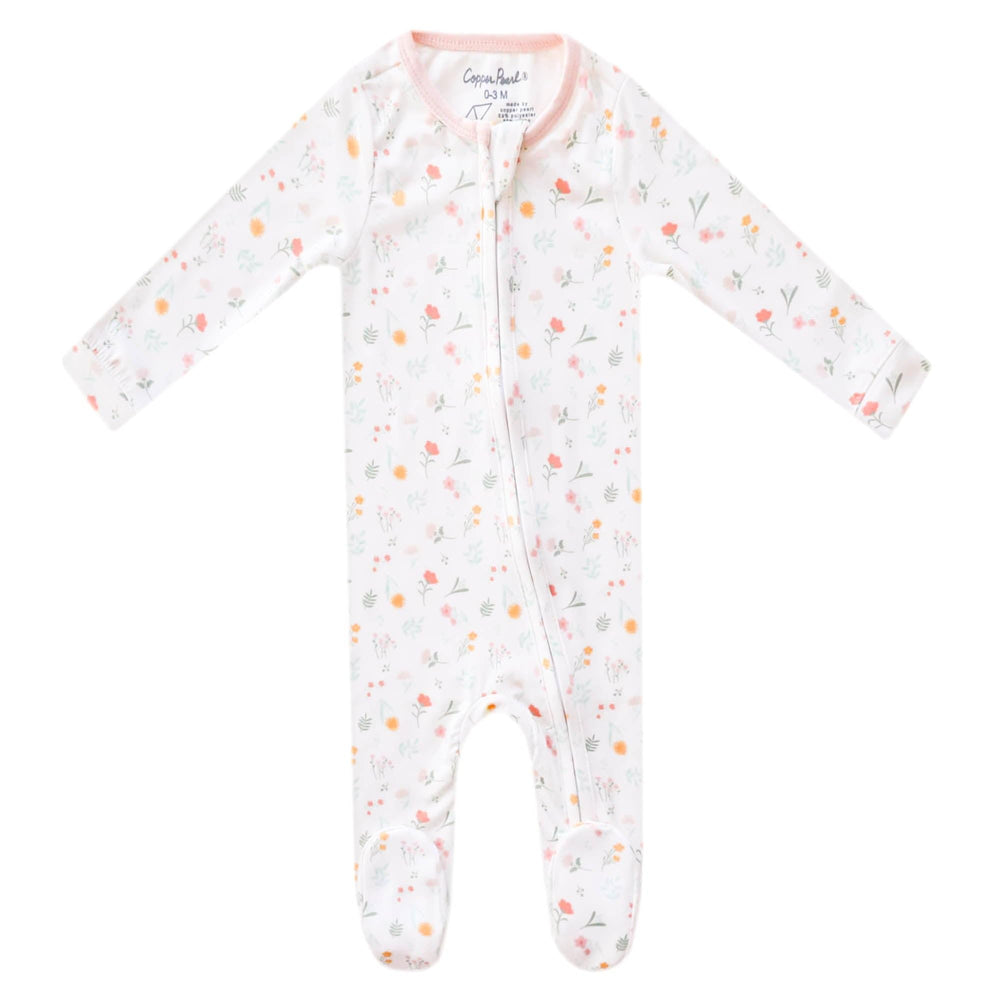 Copper Pearl Mabel zip-up footie pajamas knit fabric close-up shows ultra-soft feel