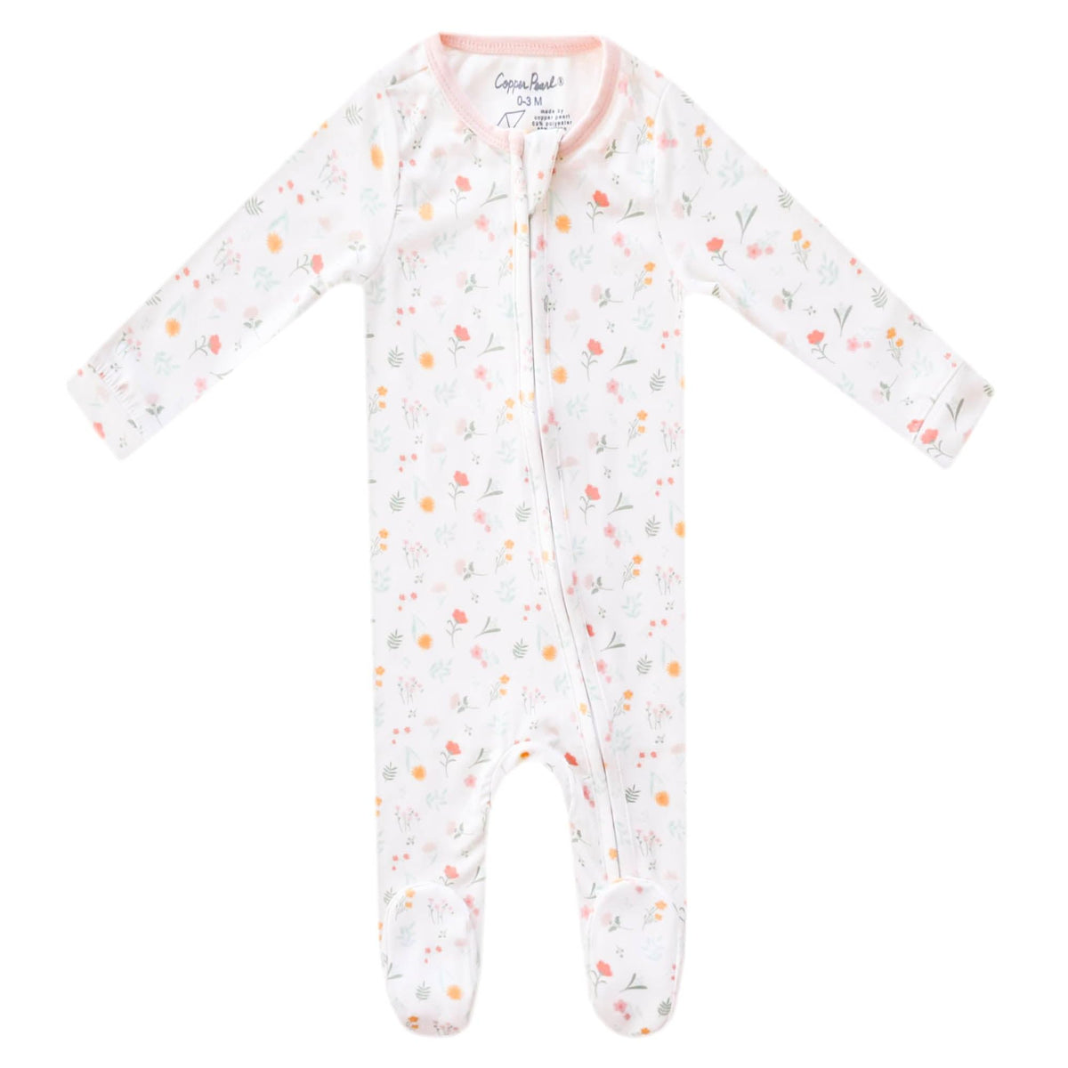 Copper Pearl Mabel zip-up footie pajamas knit fabric close-up shows ultra-soft feel