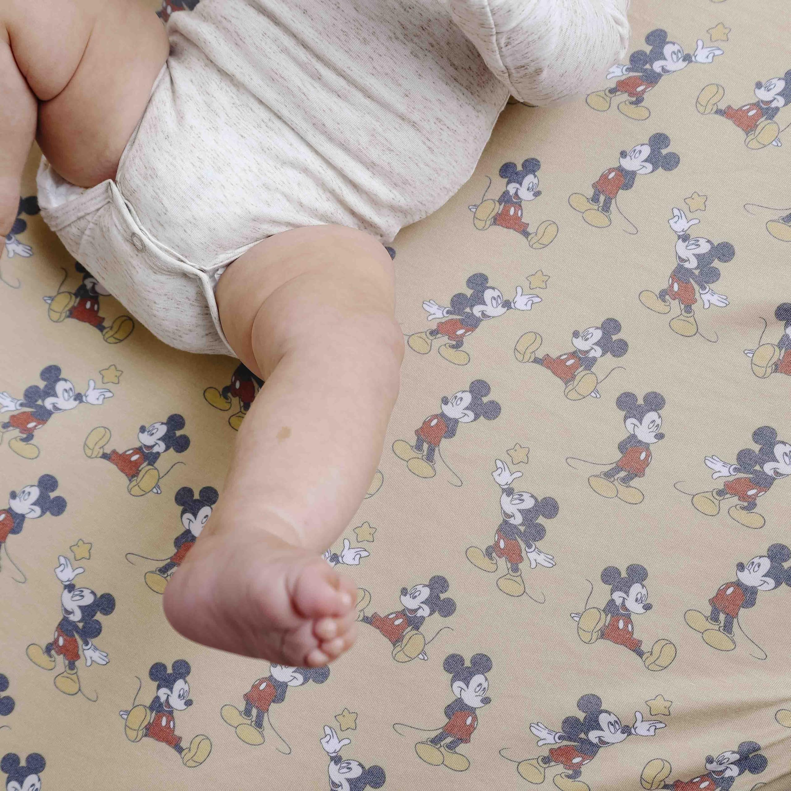 Copper Pearl Mickey Mouse crib sheet styled in a modern nursery decor