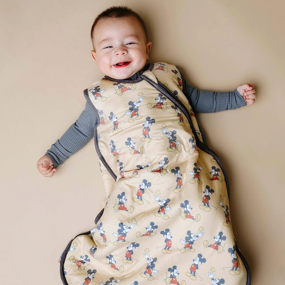Top-to-bottom zipper on Mickey Mouse sleep bag for easy changes.
