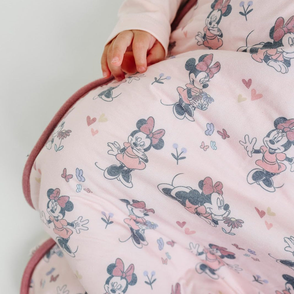 Copper Pearl Minnie Mouse sleep bag full-length zipper in use