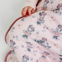 Copper Pearl Minnie Mouse sleep bag full-length zipper in use