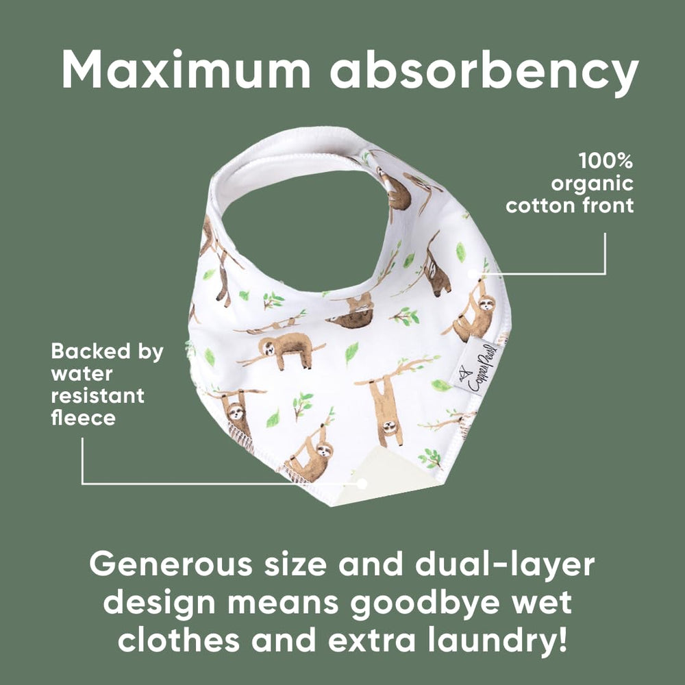 Copper Pearl Noah bibs closeup emphasizes soft cotton and strong absorbency for teething days.