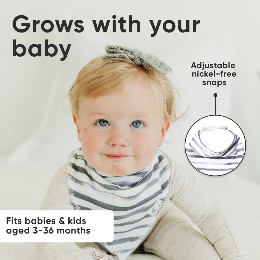 Copper Pearl Noah bibs worn by baby demonstrate versatile protection during meals and play.