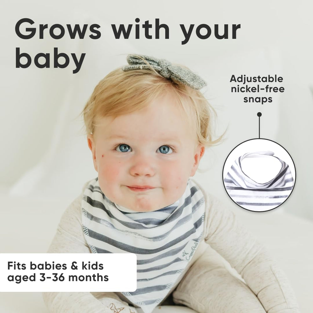 Copper Pearl Noah bibs worn by baby demonstrate versatile protection during meals and play.