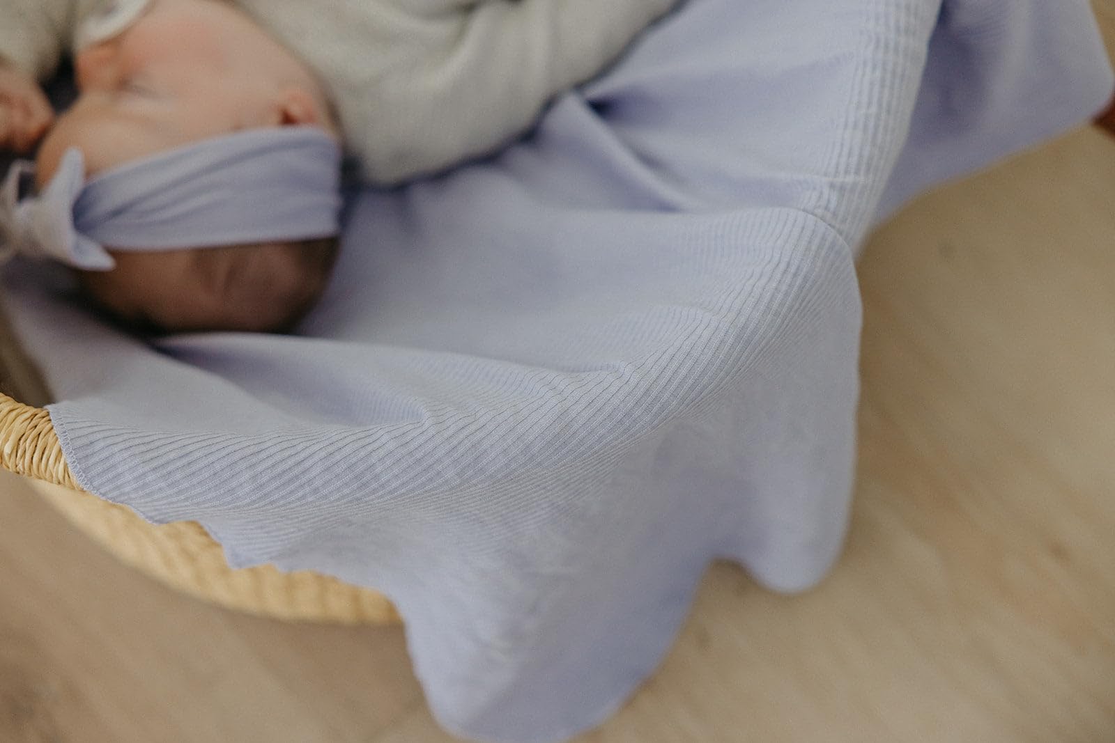 Copper Pearl Periwinkle swaddle close-up highlights breathable knit blend