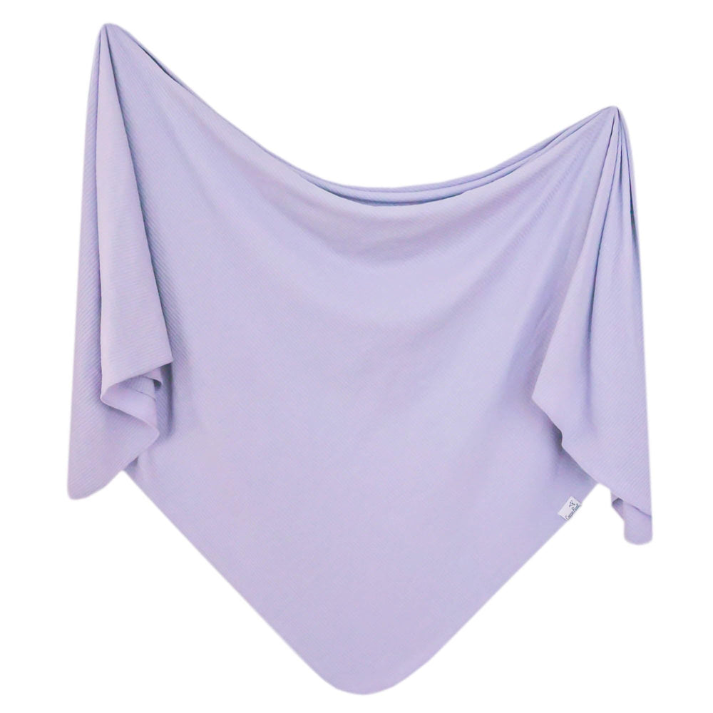 Copper Pearl Periwinkle swaddle flatlay shows soft knit fabric