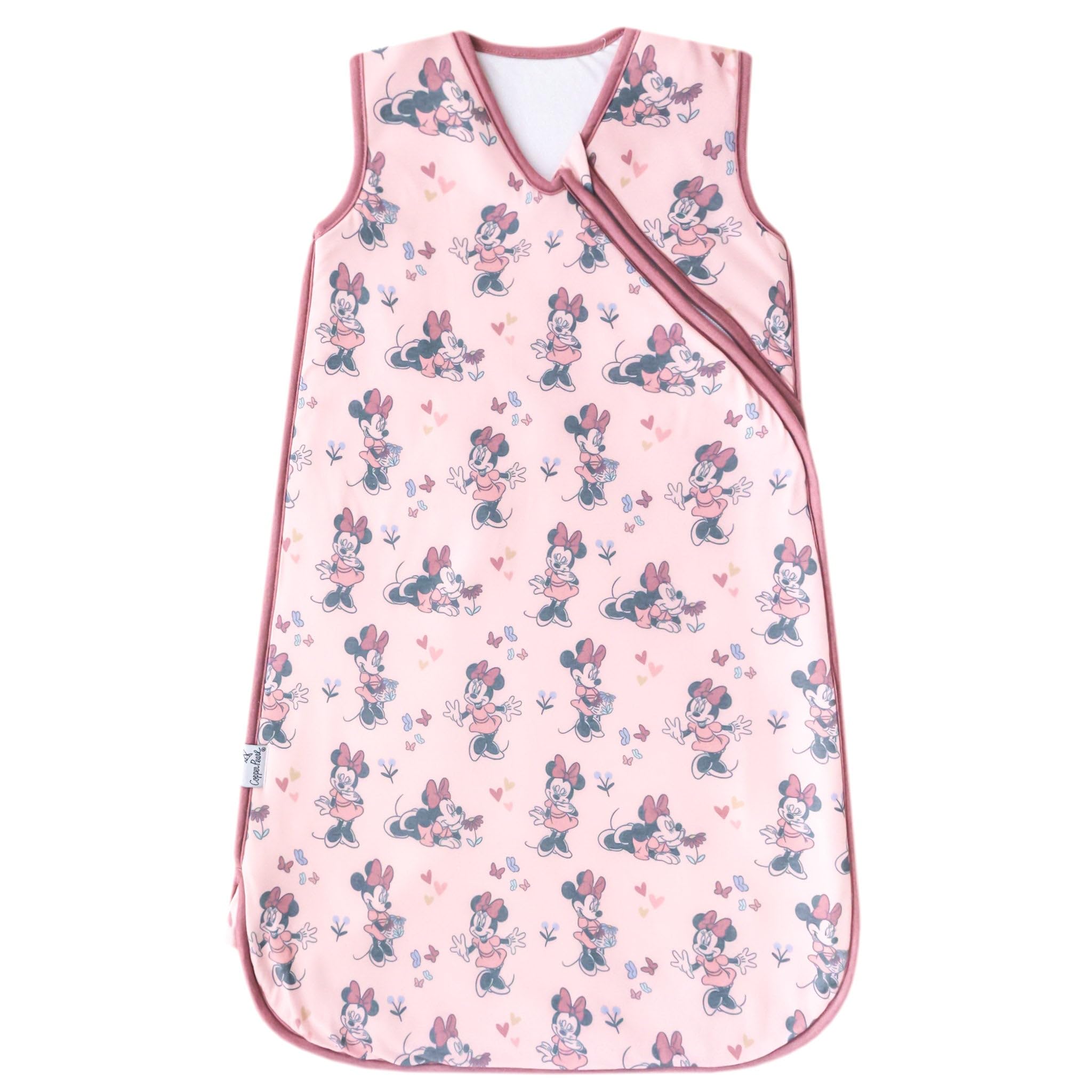 Copper Pearl Minnie Mouse sleep bag front view shows secure, cozy bedtime comfort.