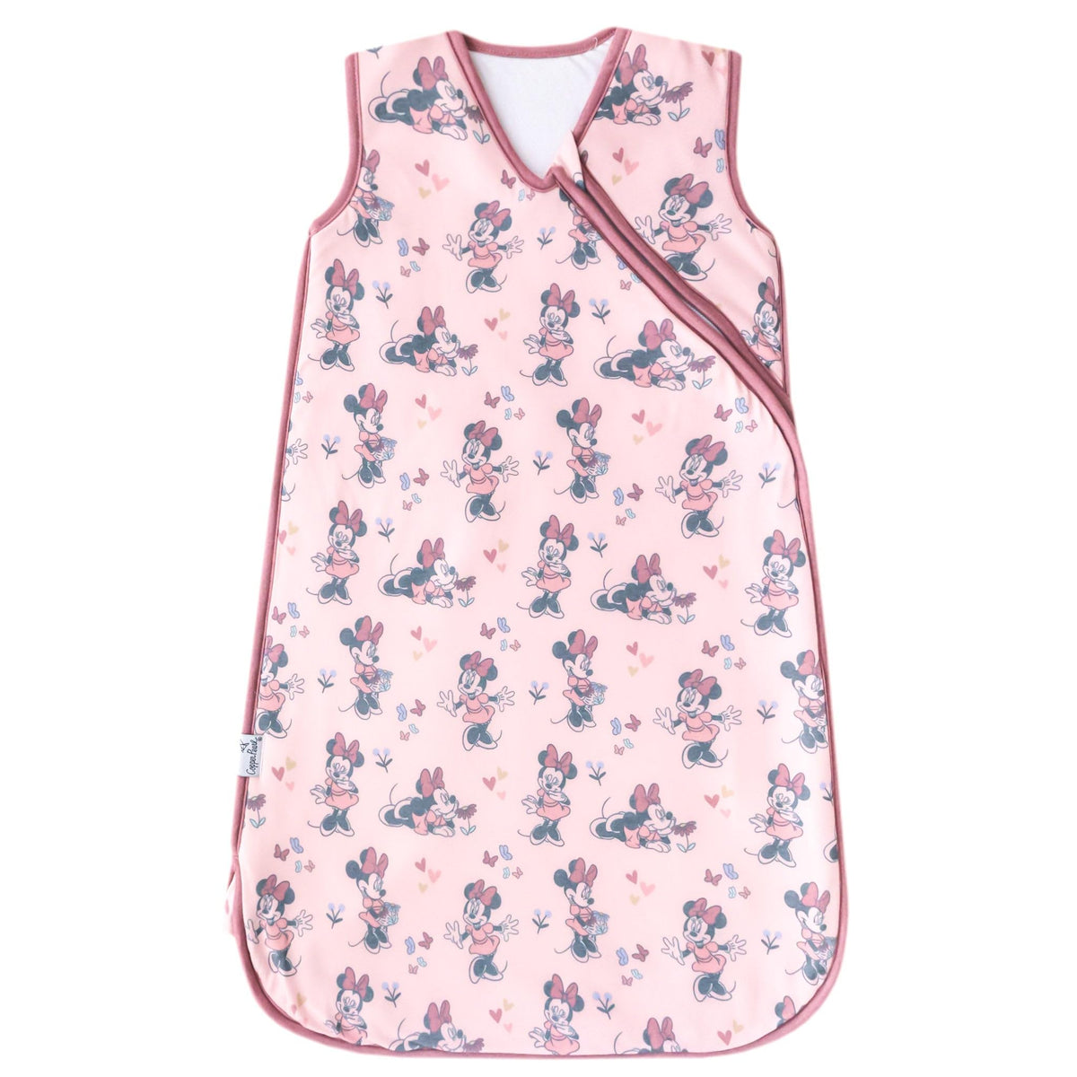 Copper Pearl Minnie Mouse sleep bag front view shows secure, cozy bedtime comfort.