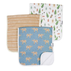 Copper Pearl three-layer absorbent burp cloth traps spills on shoulder