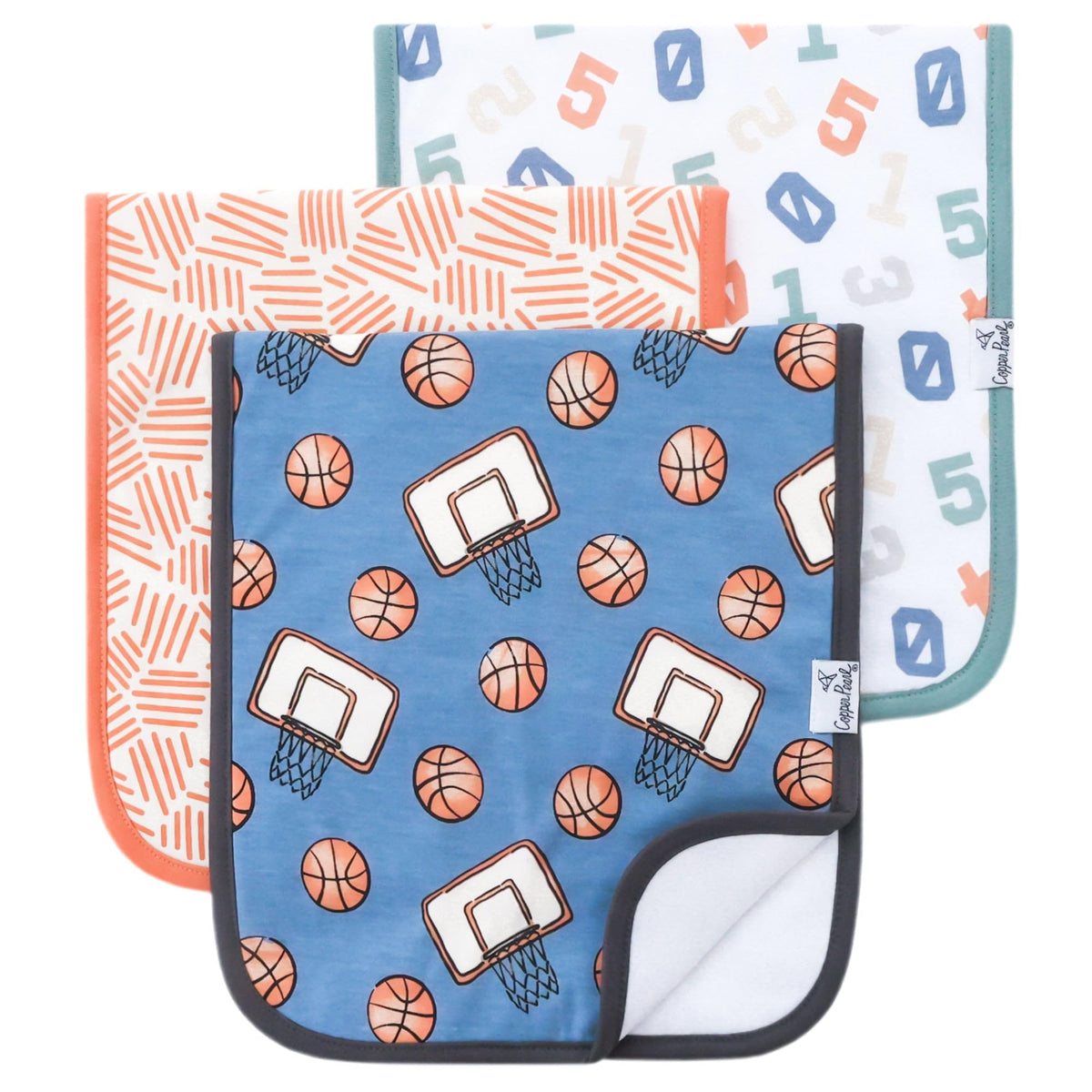 Copper Pearl Premium Burp Cloths 3-pack in 21x10 inches catching spit-up easily.