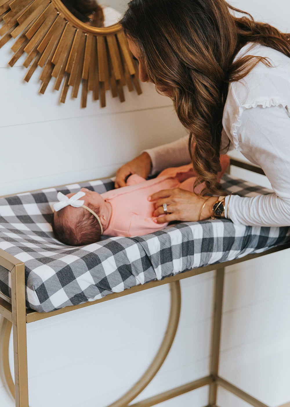 Durable knit material stands up to frequent use in a nursery