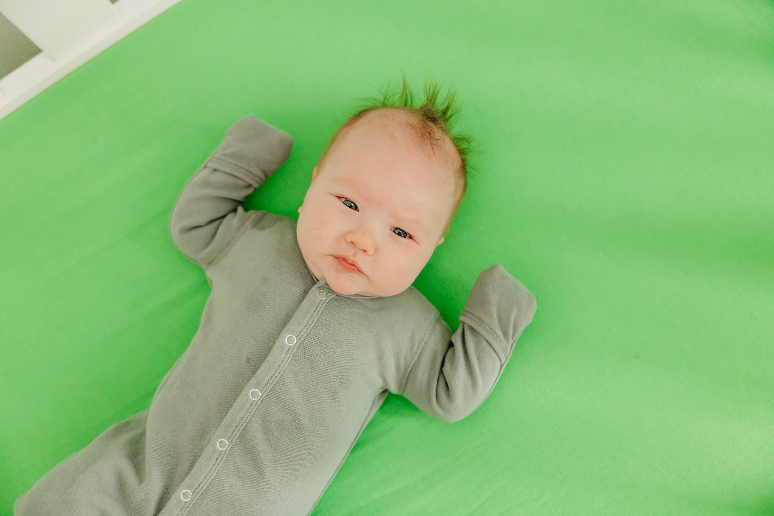 Copper Pearl premium knit crib sheet lime nursery scene complements modern decor