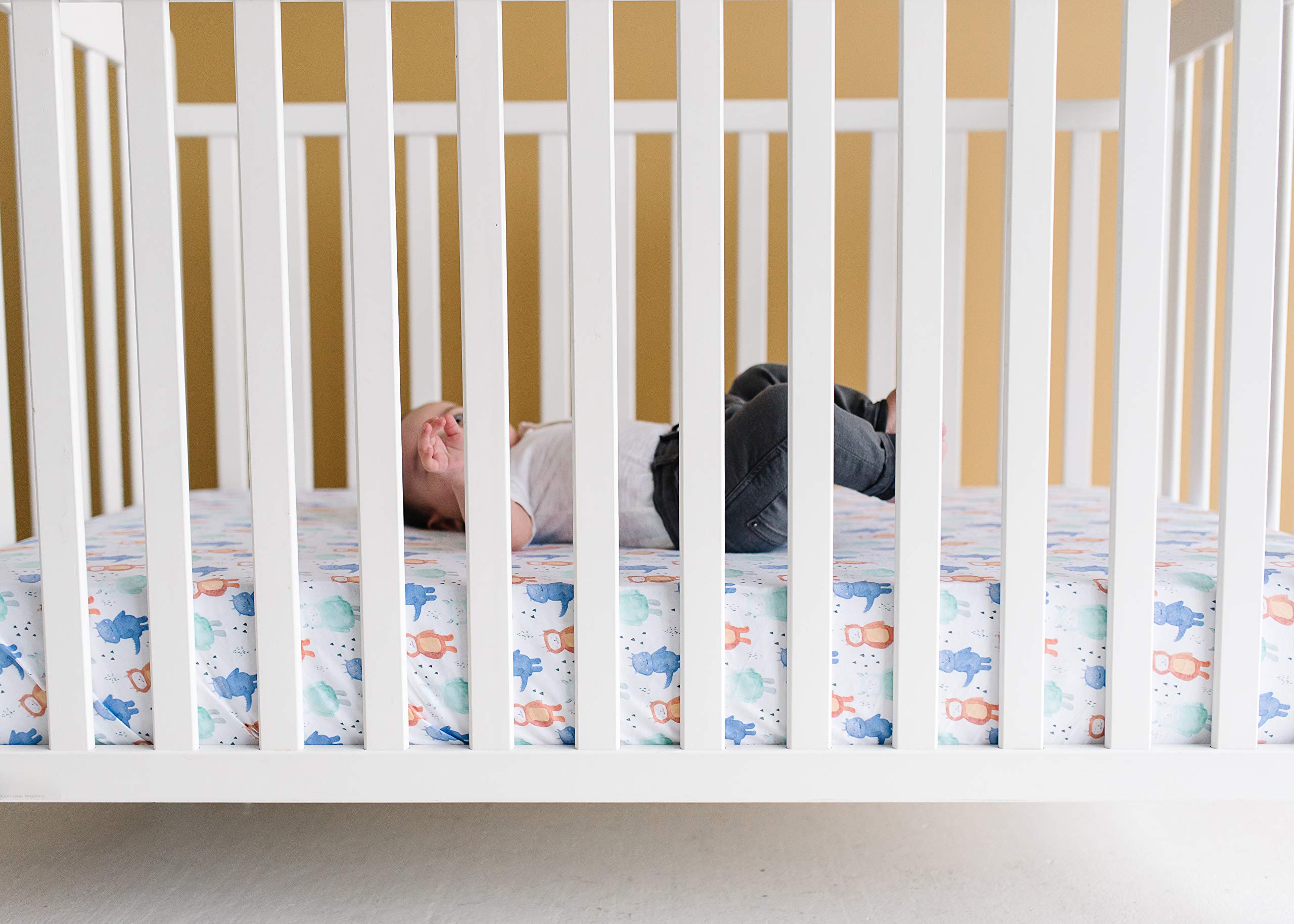 Copper Pearl premium knit sheet side view with modern design that complements nursery decor