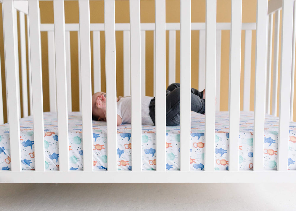 Copper Pearl premium knit sheet side view with modern design that complements nursery decor