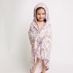 Copper Pearl hooded towel Flora pocket detail for tiny hand warmth.