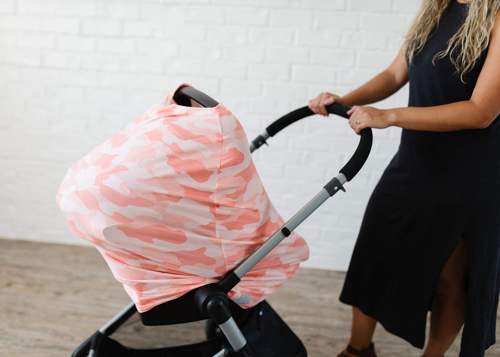 Copper Pearl Remi shopping cart cover creates a clean barrier for outings.