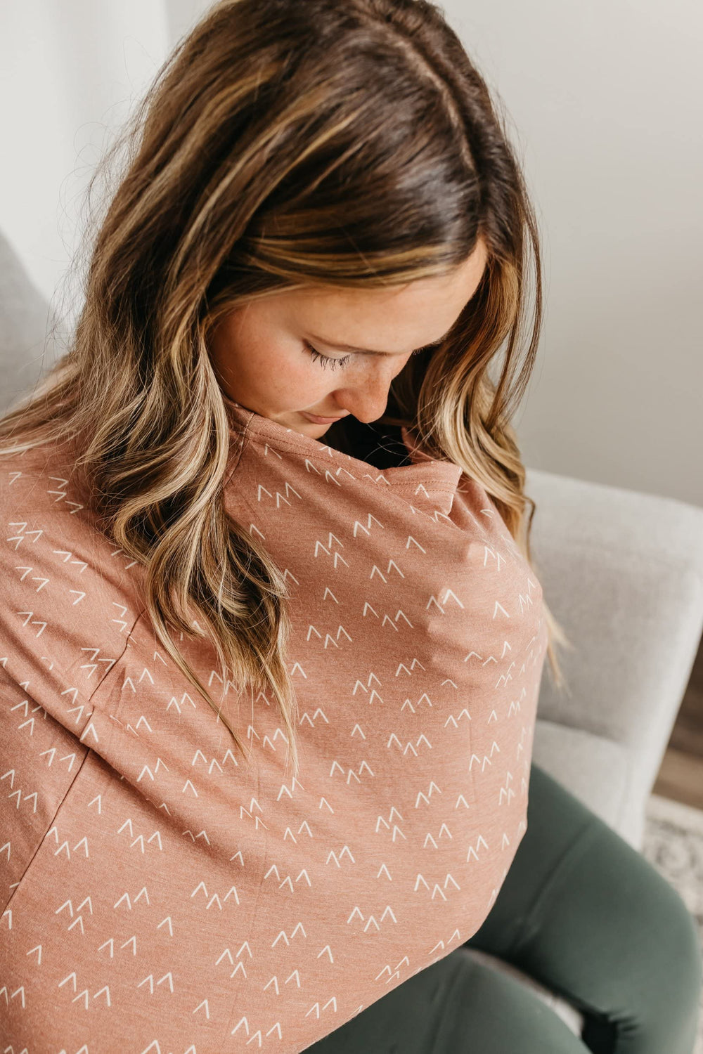 Copper Pearl Rocky infinity scarf doubles as a stylish baby wrap.