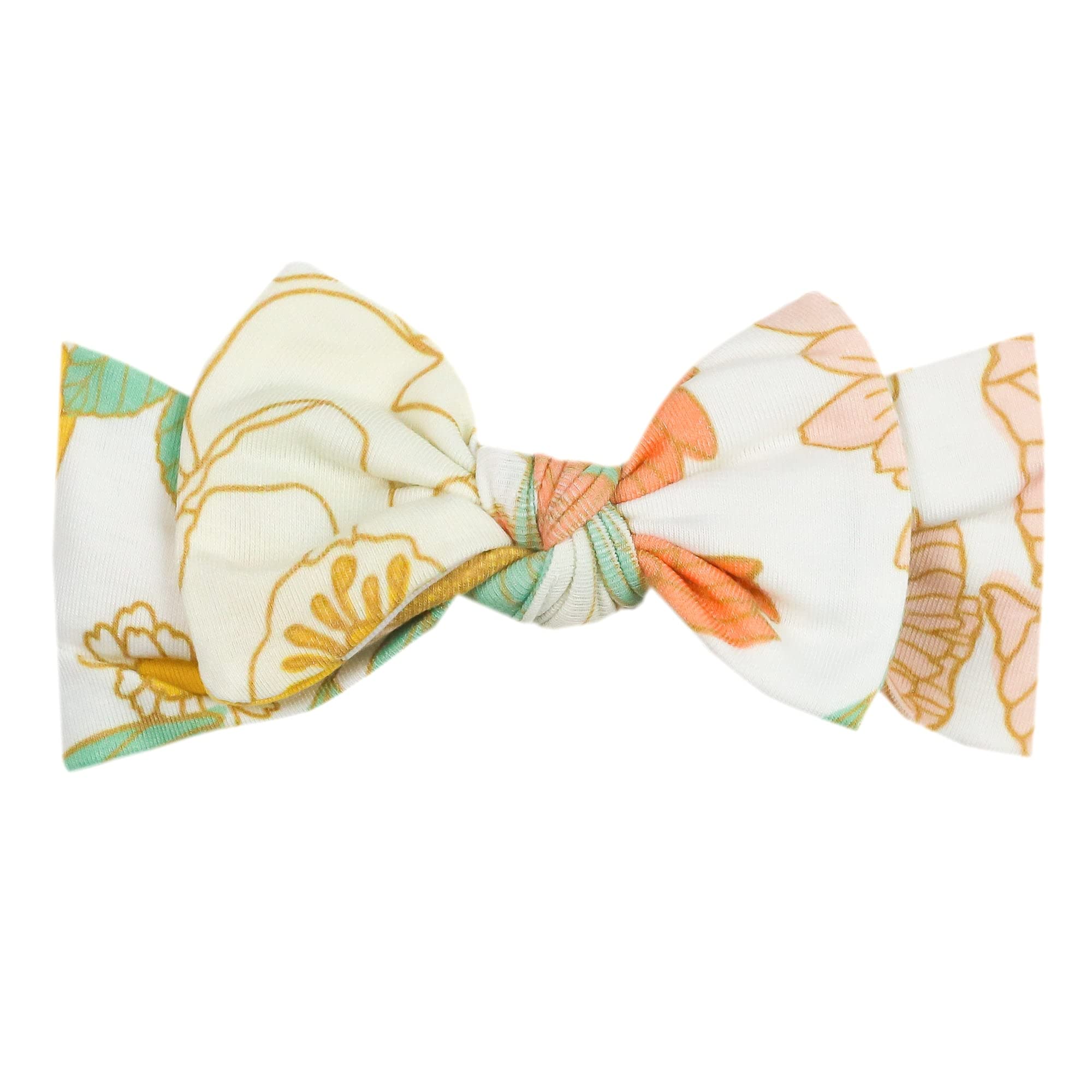 Copper Pearl Rose Bow Headband closeup shows soft, breathable fabric for newborns.