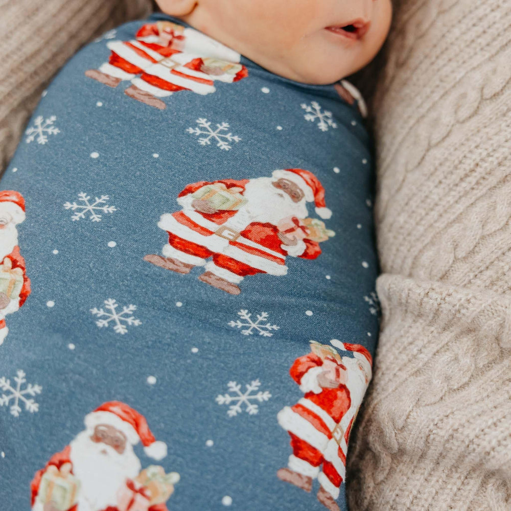 Edge-serged finish on Copper Pearl Santa Claus swaddle for lasting durability
