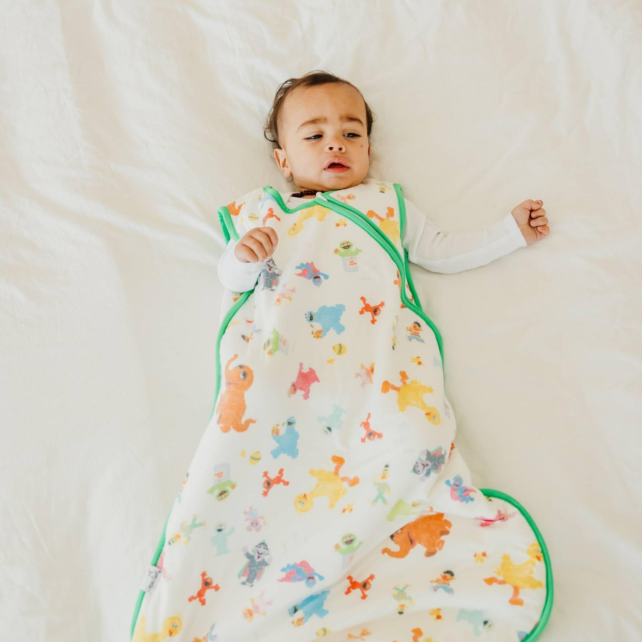 Copper Pearl Sesame Friends sleep bag zipper detail shows easy on and off