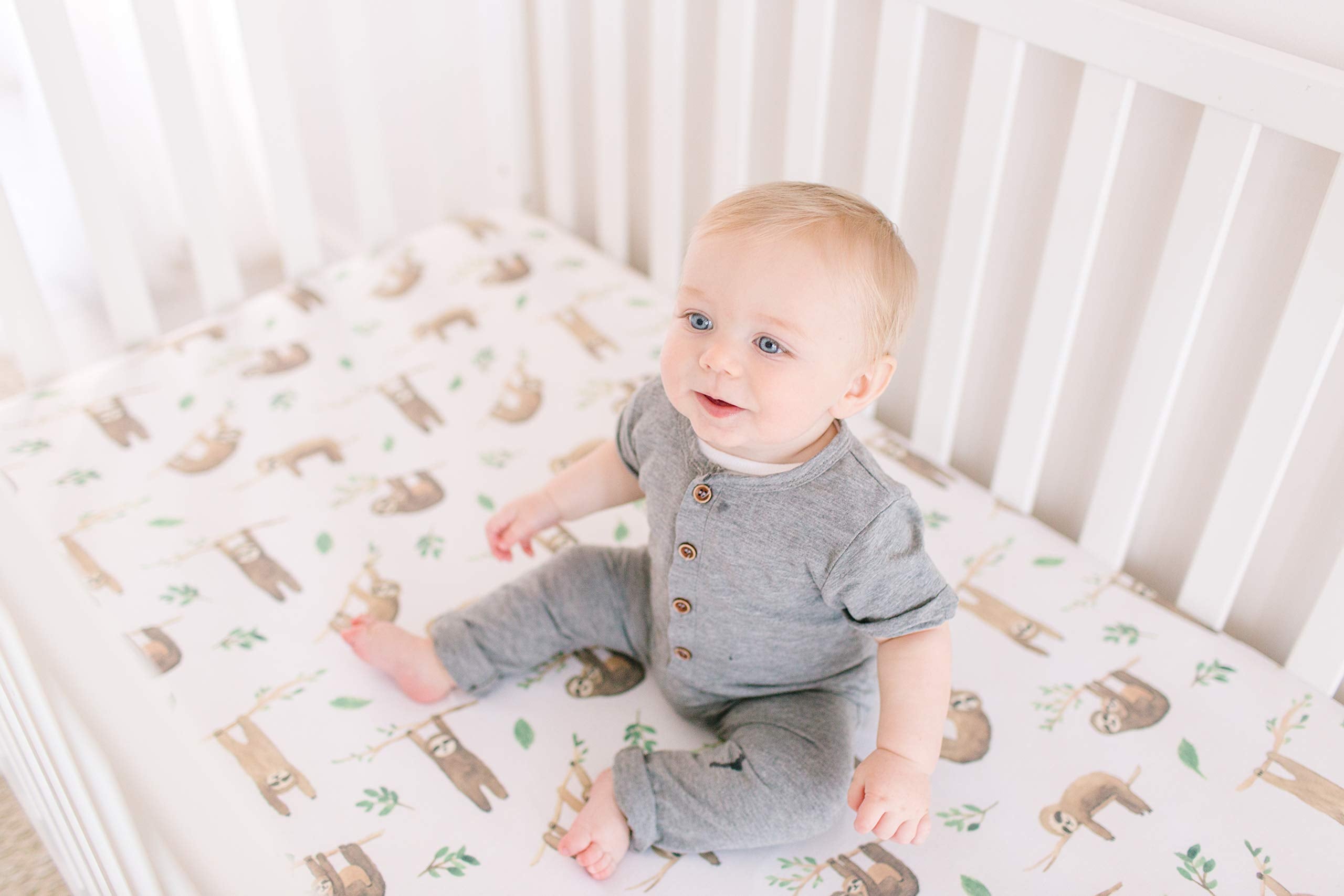 Copper Pearl shower gift crib sheet close-up conveys thoughtful registry staple