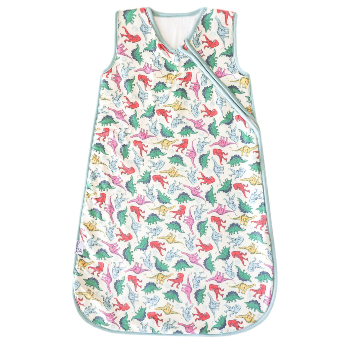 Copper Pearl Sleep Sack dinosaurs park print front view showing warm, cozy design