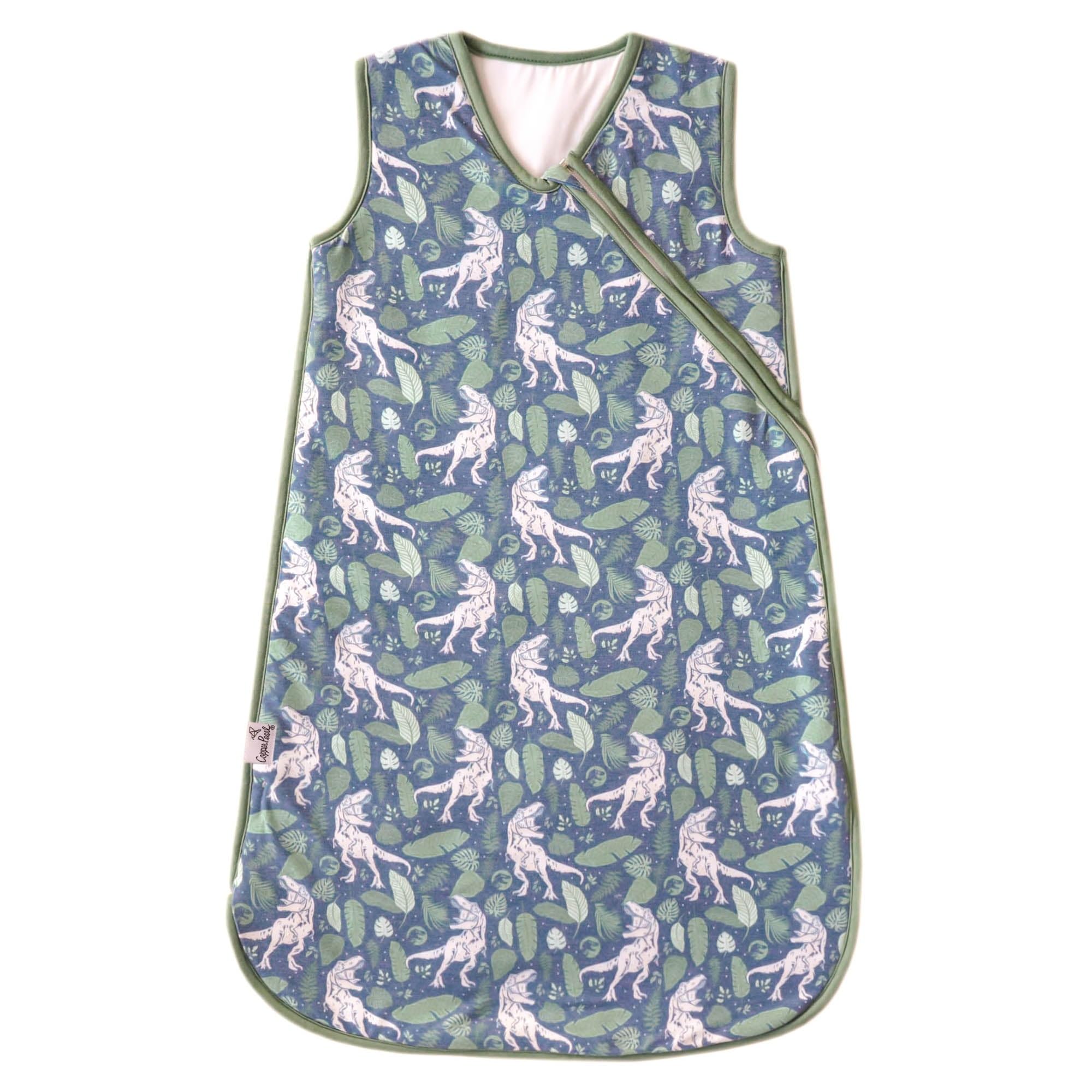 Copper Pearl Sleep Sack in Jurassic Park print offers warm, safe sleep for babies.