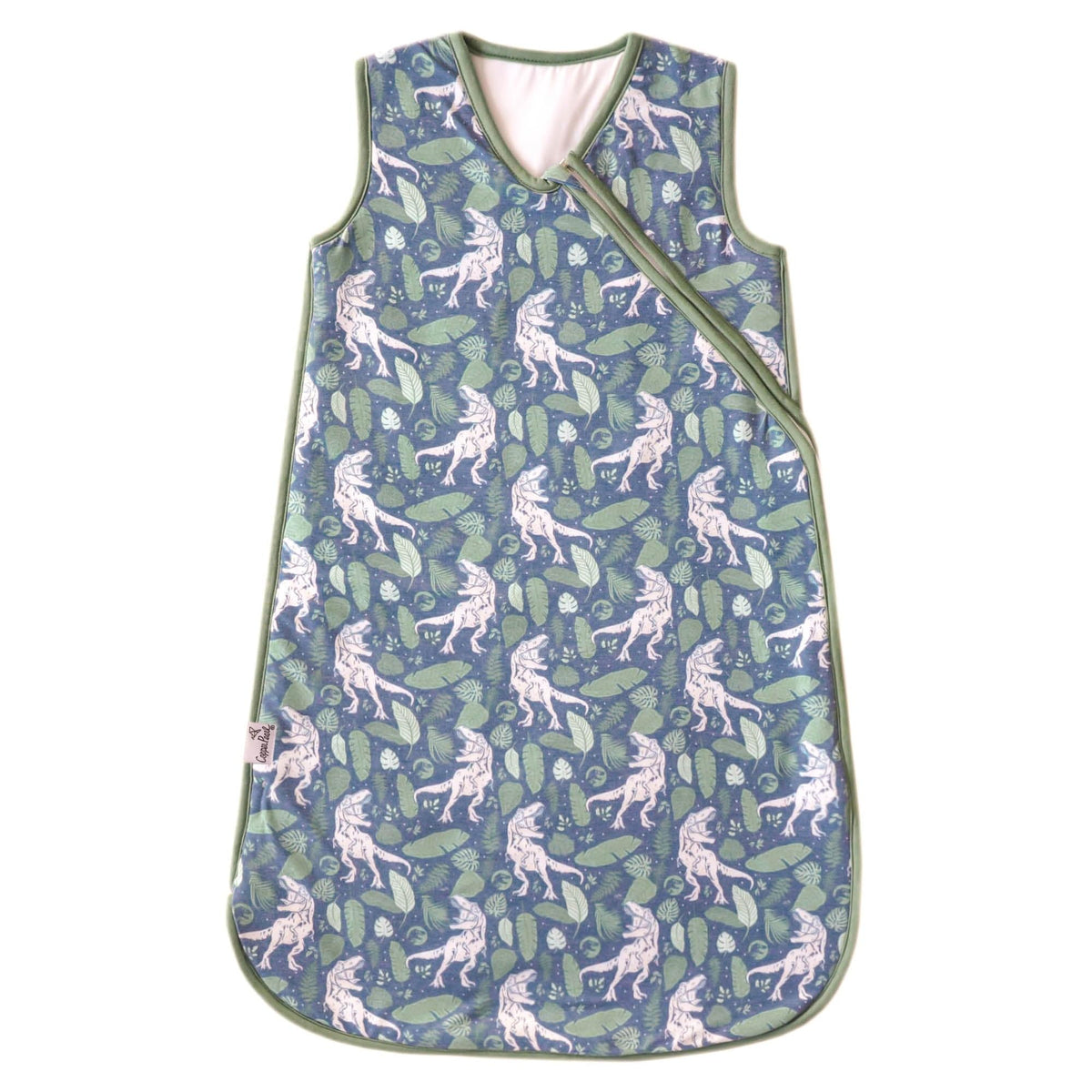 Copper Pearl Sleep Sack in Jurassic Park print offers warm, safe sleep for babies.