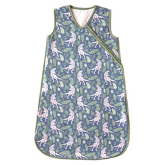 Copper Pearl Sleep Sack in Jurassic Park print offers warm, safe sleep for babies.