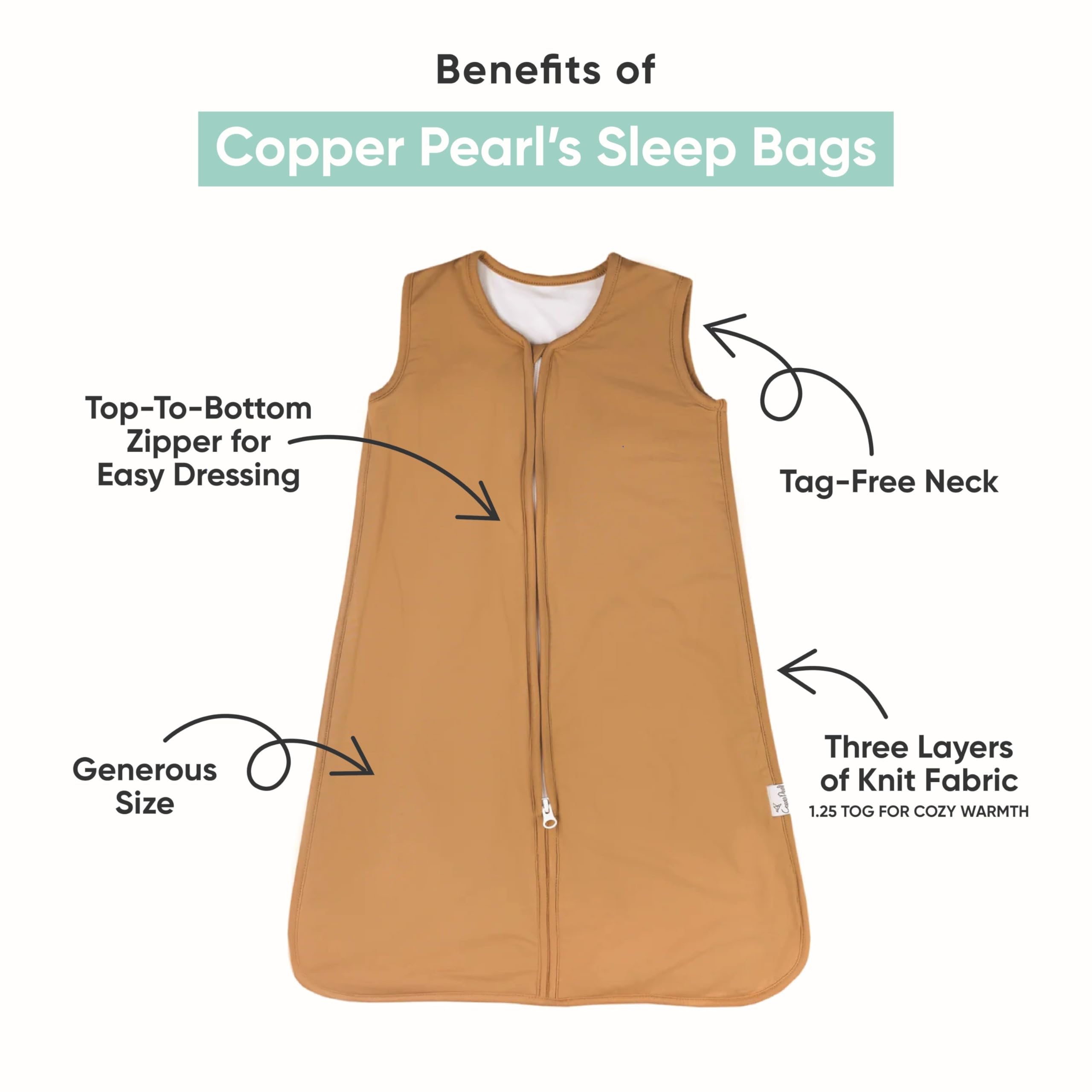 Copper Pearl Sleep Sack top-to-bottom zipper for easy diaper changes.