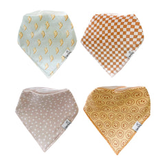 Copper Pearl Vance bibs with adjustable snaps for secure newborn-to-toddler fit.
