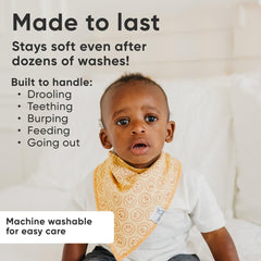 Copper Pearl Vance bibs show organic cotton front and water-resistant back for mess protection.