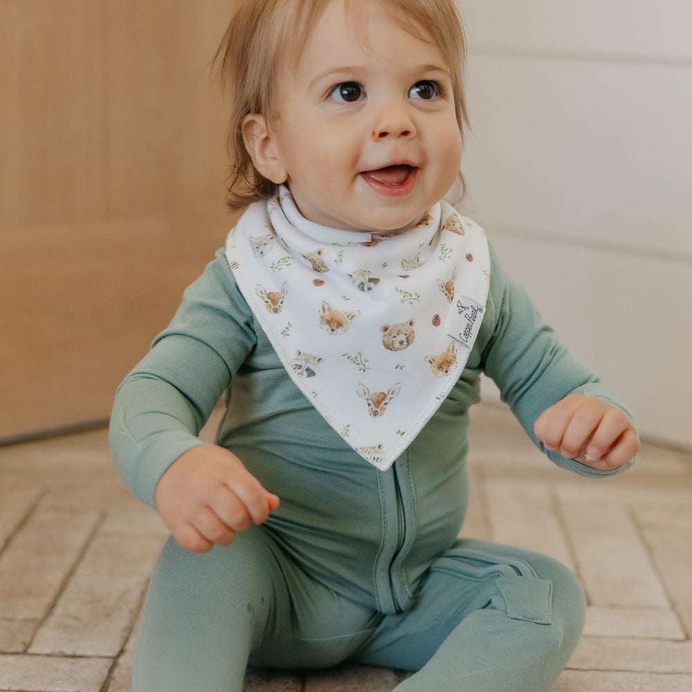 Copper Pearl Wilder bandana bib set back view with soft fleece backing helps keep outfits dry
