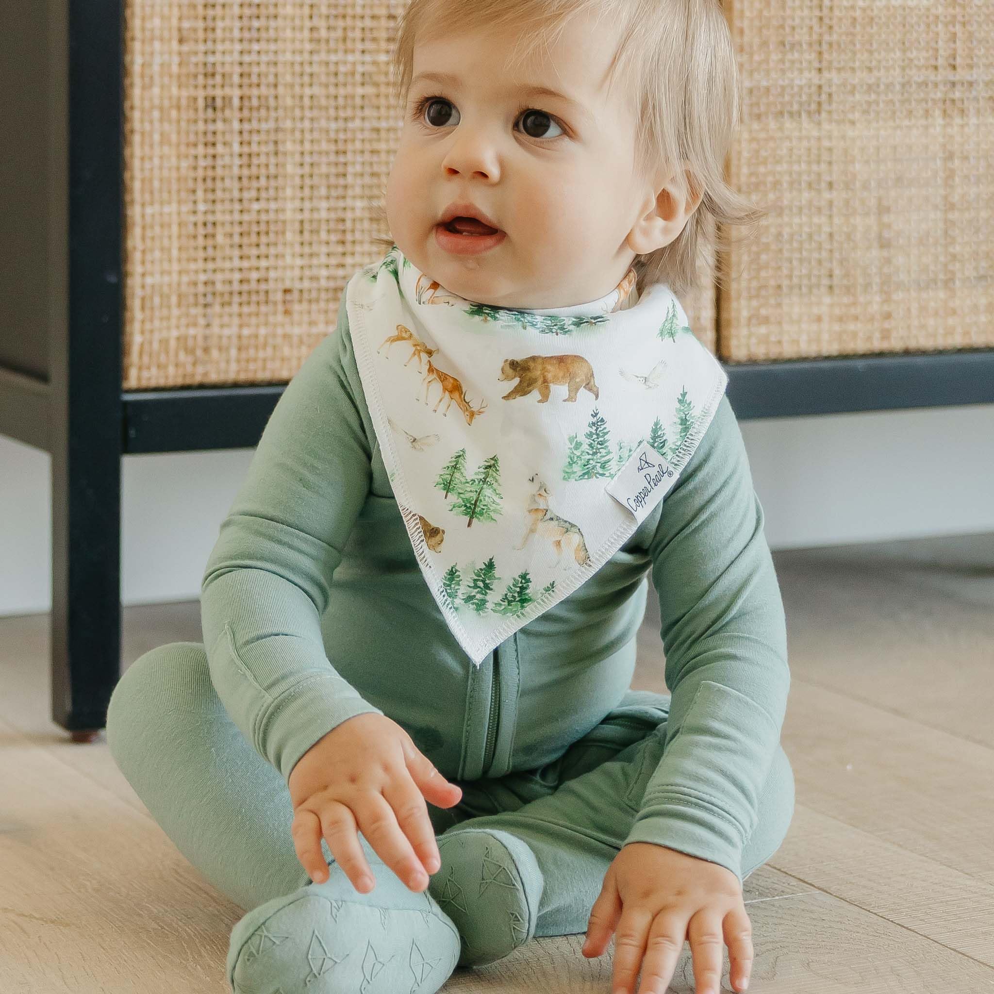Copper Pearl Wilder bandana bib set folded for diaper bag demonstrates compact portability