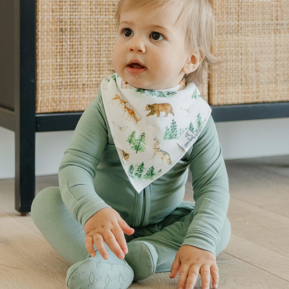 Copper Pearl Wilder bandana bib set folded for diaper bag demonstrates compact portability