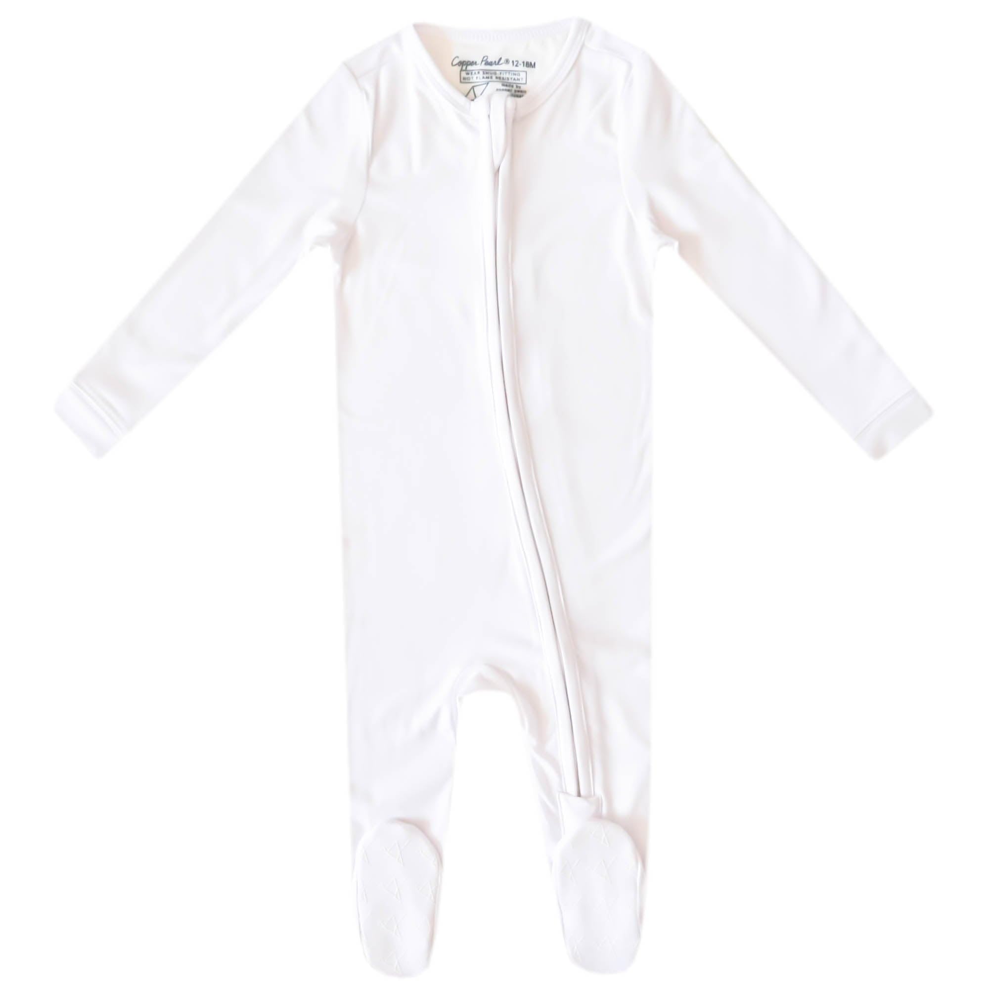 Copper Pearl zip-up footie front view, ultra-soft knit fabric for gentle all-day wear.
