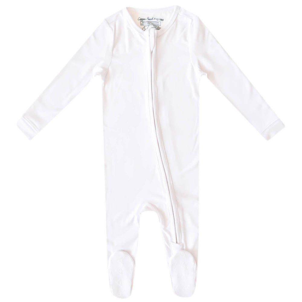 Copper Pearl zip-up footie front view, ultra-soft knit fabric for gentle all-day wear.